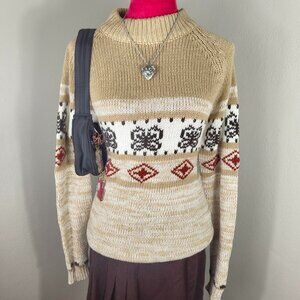 Vintage Neutral Earthy Toned Brown White Knit Turtleneck Sweater National Shirt